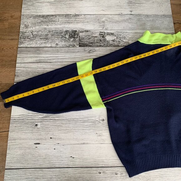 Vintage Jardi Wool Blend Navy Neon Green Knit Full Zip Ski Cadigan Sweater - Picture 14 of 14